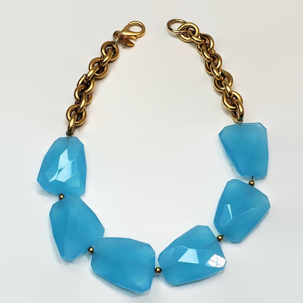 JoJo Loves You Chunky Blue Glass Bead Matte Gold Tone Chain Necklace 18.5"